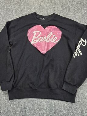 Barbie Womens Medium Crewneck Sweatshirt Black Pink Heart Logo Long Sleeve
